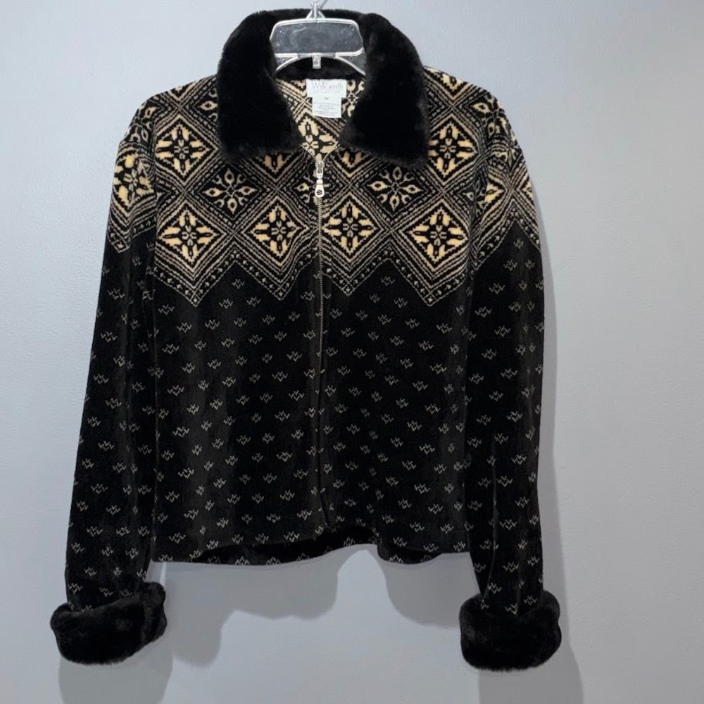 WilliSmith Cardigan Women M Black Acrylic Faux Fur Collar‎ Zip Geometric Vintage